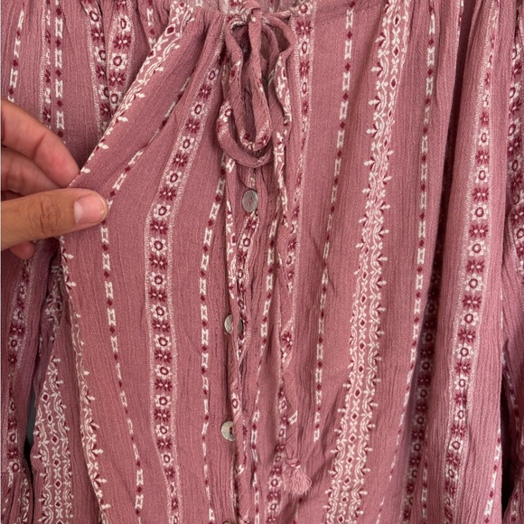 Pink Ruffled Bell Sleeve Tie Button Front Crop Flowy Boho Blouse - Picture 4 of 6